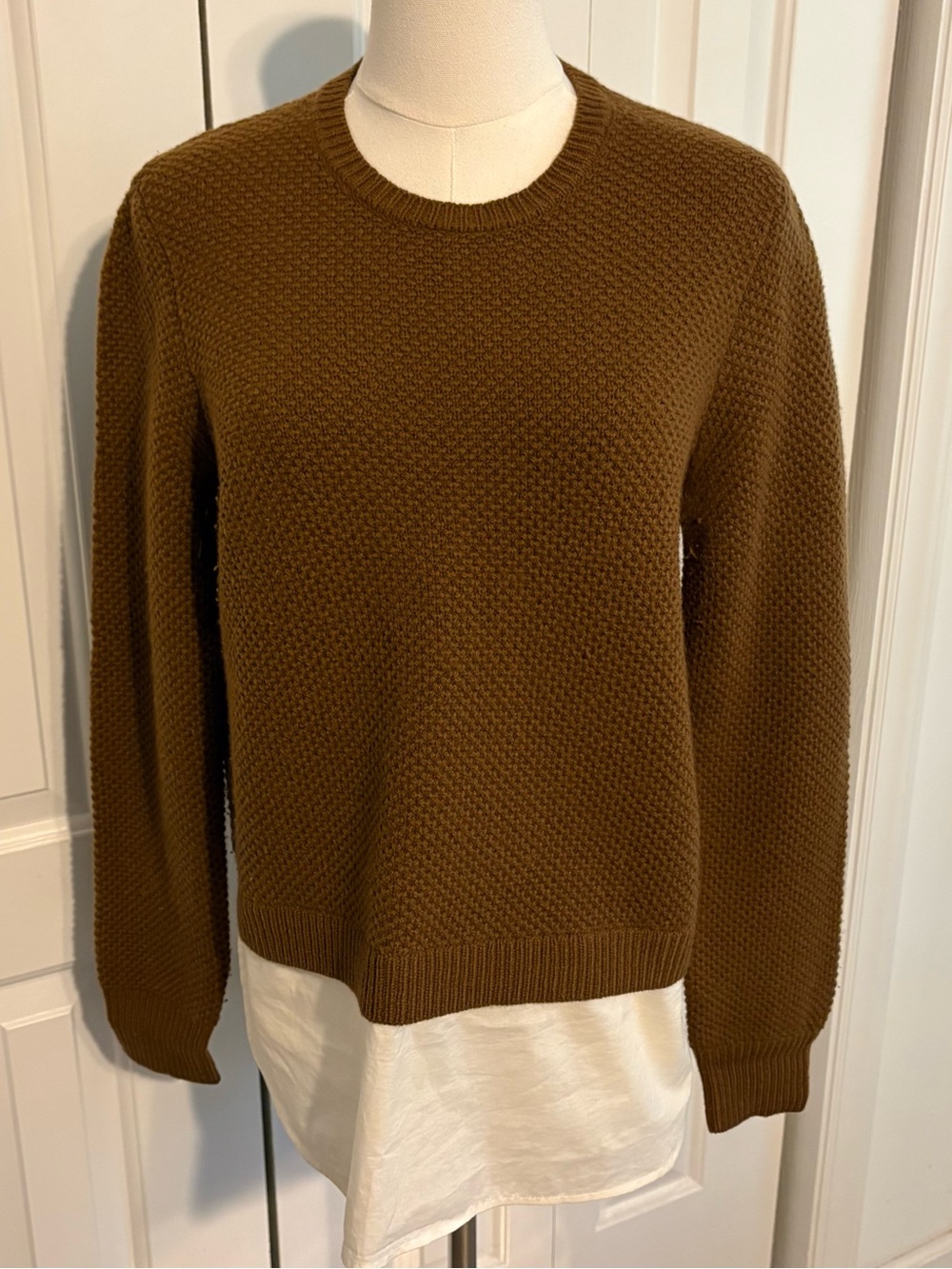 J. CREW Brown Textured Knit Sweater with Shirt Hem Detail
